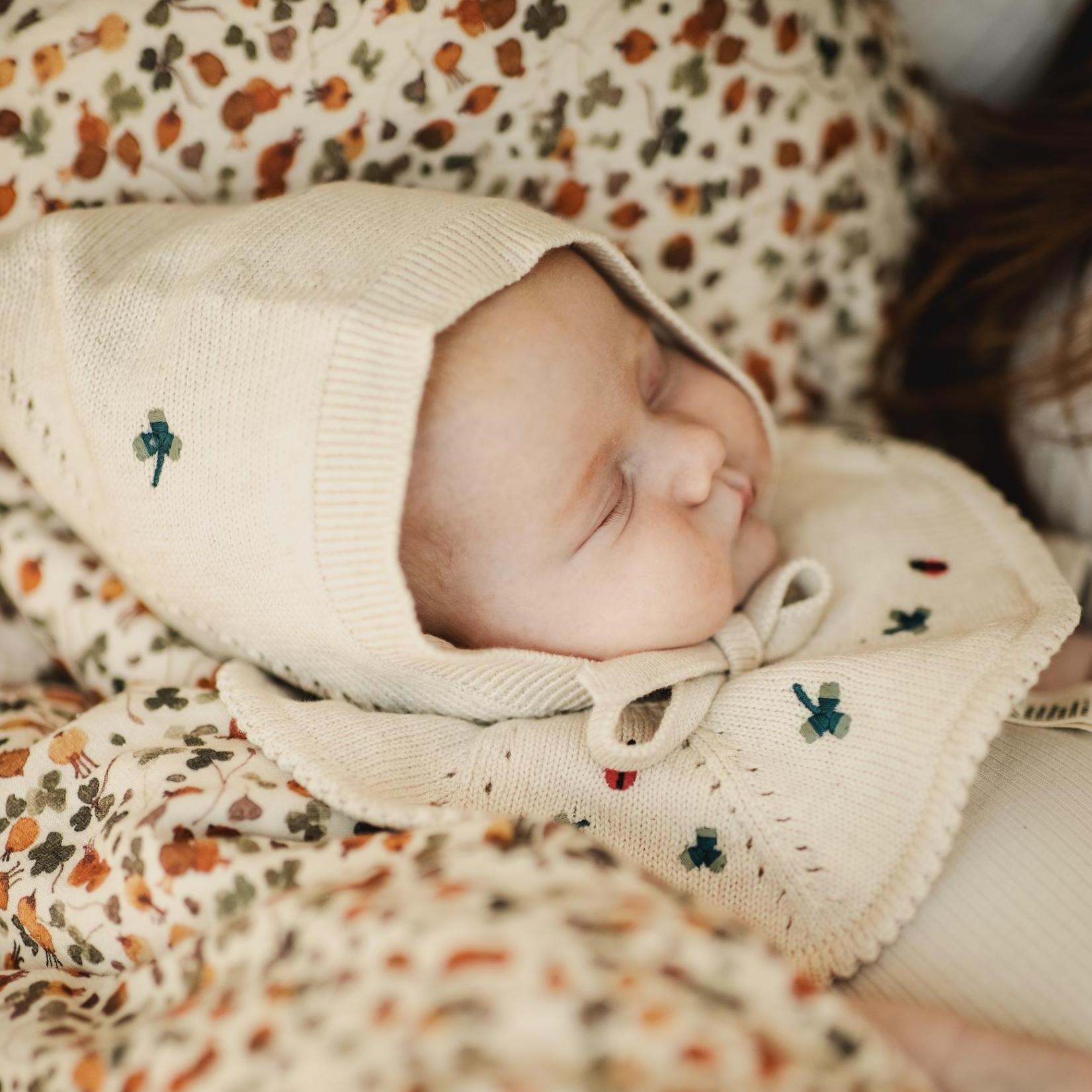 Saga Copenhagen Embroidery Knitted Bonnet - Flora on Cream image 2