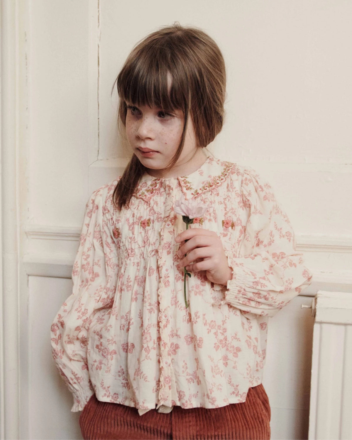 Blouse - Ecru and pink smocked