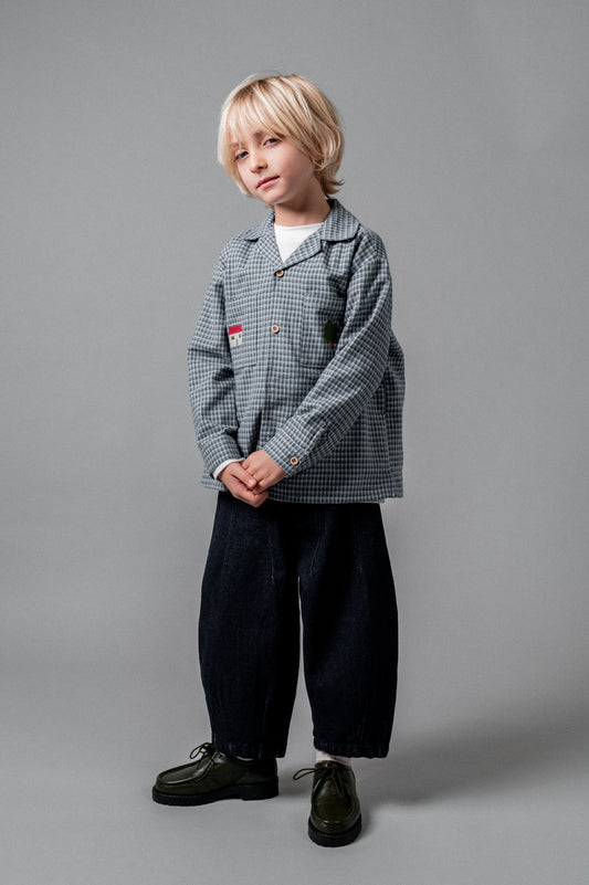 Indigo gingham embroidered lapels shirt boy