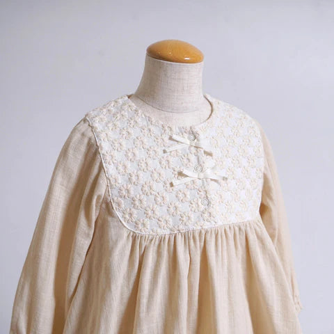 Hoppetta Flower Embroidered Yoke Dress - Cream