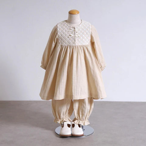 Hoppetta Flower Embroidered Yoke Dress - Cream