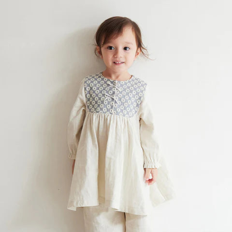 Hoppetta Flower Embroidered Yoke Dress - Light Gray