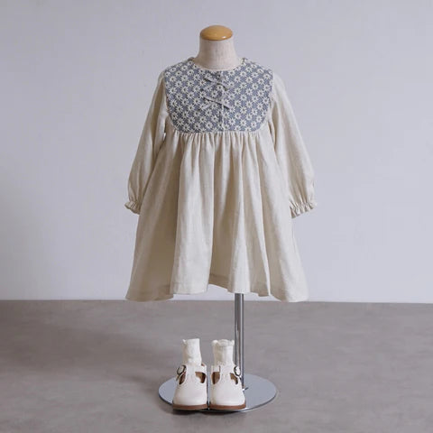 Hoppetta Flower Embroidered Yoke Dress - Light Gray