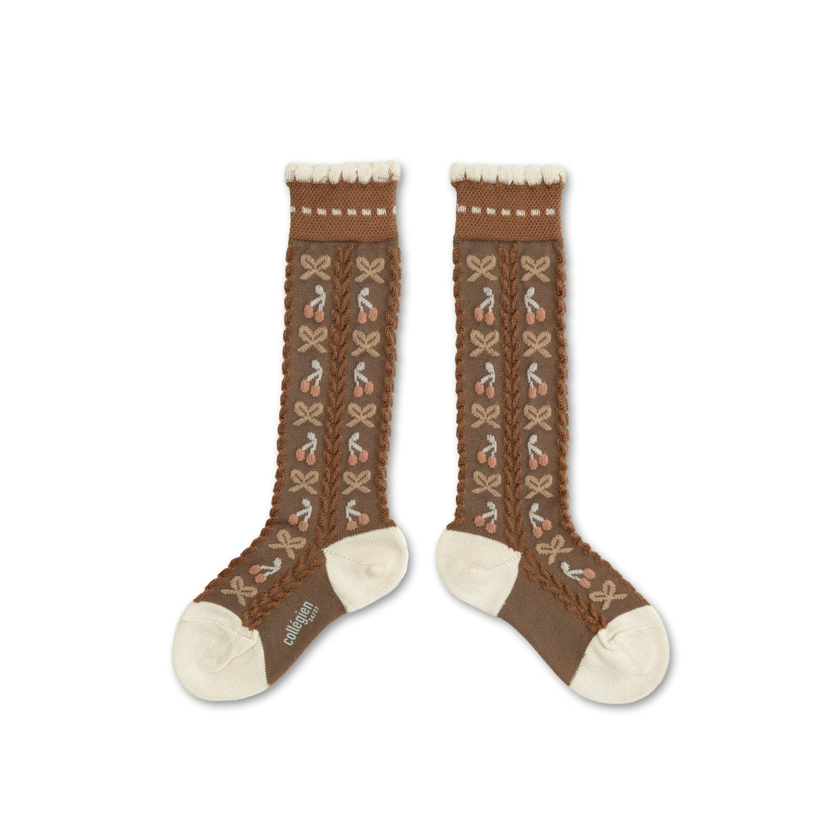Cerise - Jacquard Cherries and Bows Knee-high Socks - Biscuit