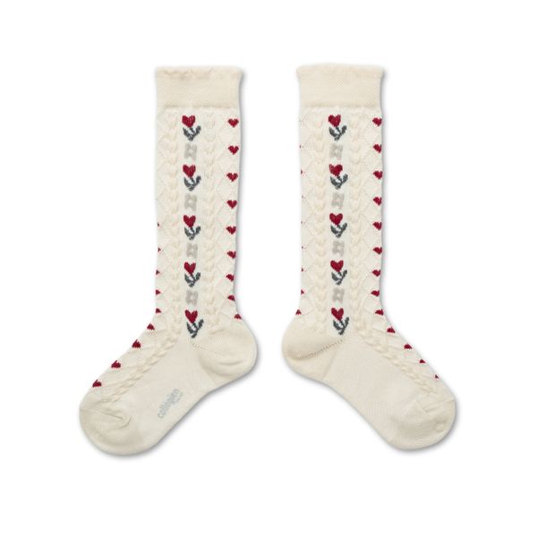 Désirée - Jacquard Hearts and Flowers Knee-high Socks - Doux Agneaux