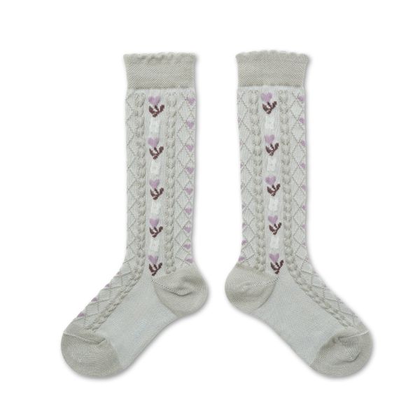 Désirée - Jacquard Hearts and Flowers Knee-high Socks - Gris Perle