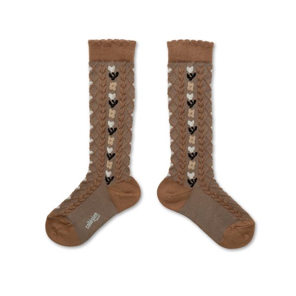 Désirée - Jacquard Hearts and Flowers Knee-high Socks - Biscuit