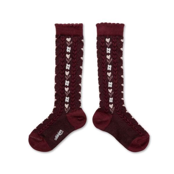 Désirée - Jacquard Hearts and Flowers Knee-high Socks - Bordeaux Grand Cru