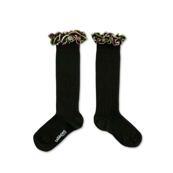 Eglantine - Embroidered Ruffle Ribbed Knee-high Socks - Noir de Charbon