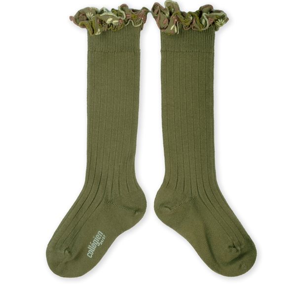 Eglantine - Embroidered Ruffle Ribbed Knee-high Socks - Olive du Lubéron