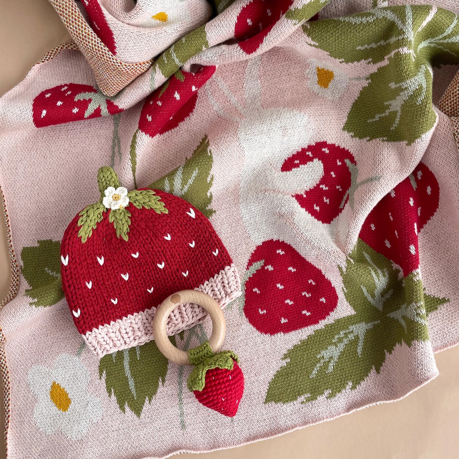 The Blueberry Hill Teether Strawberry Red Cotton Crochet Rattle Baby Toy image 1