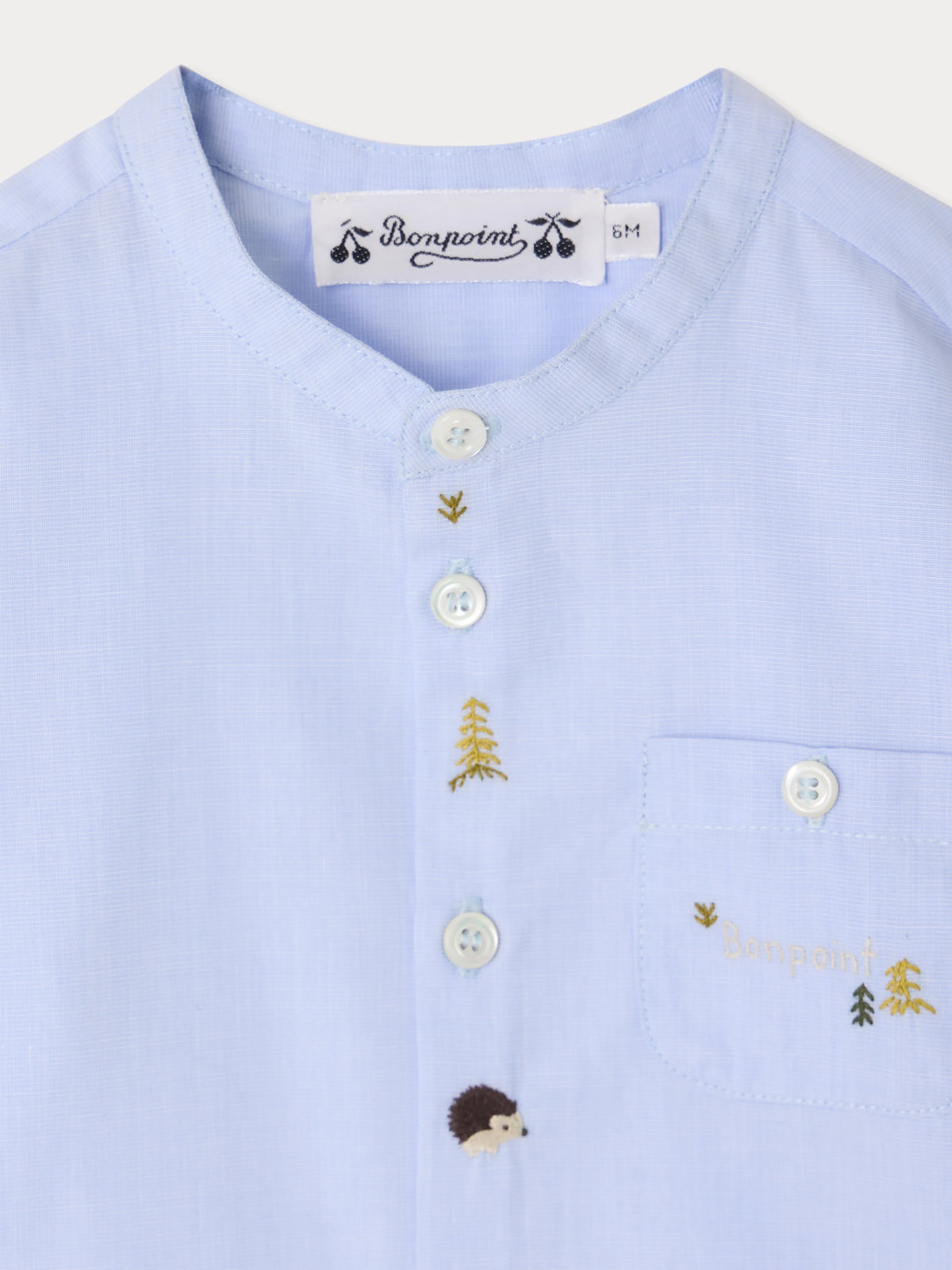 Matis baby shirt with hand-embroidered fir trees and hedgehogs