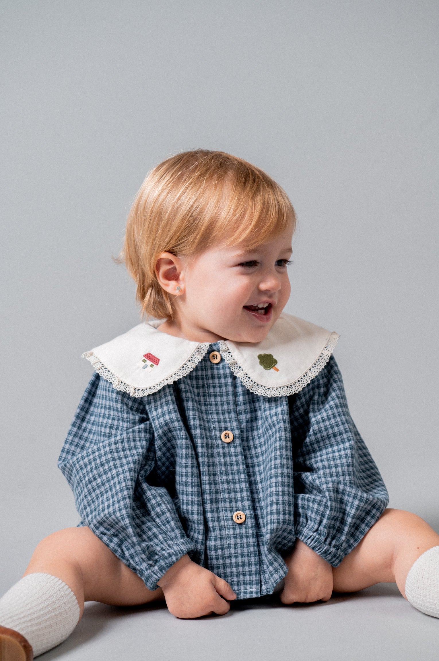 Indigo gingham embroidered blouse baby - Vichy Indigo