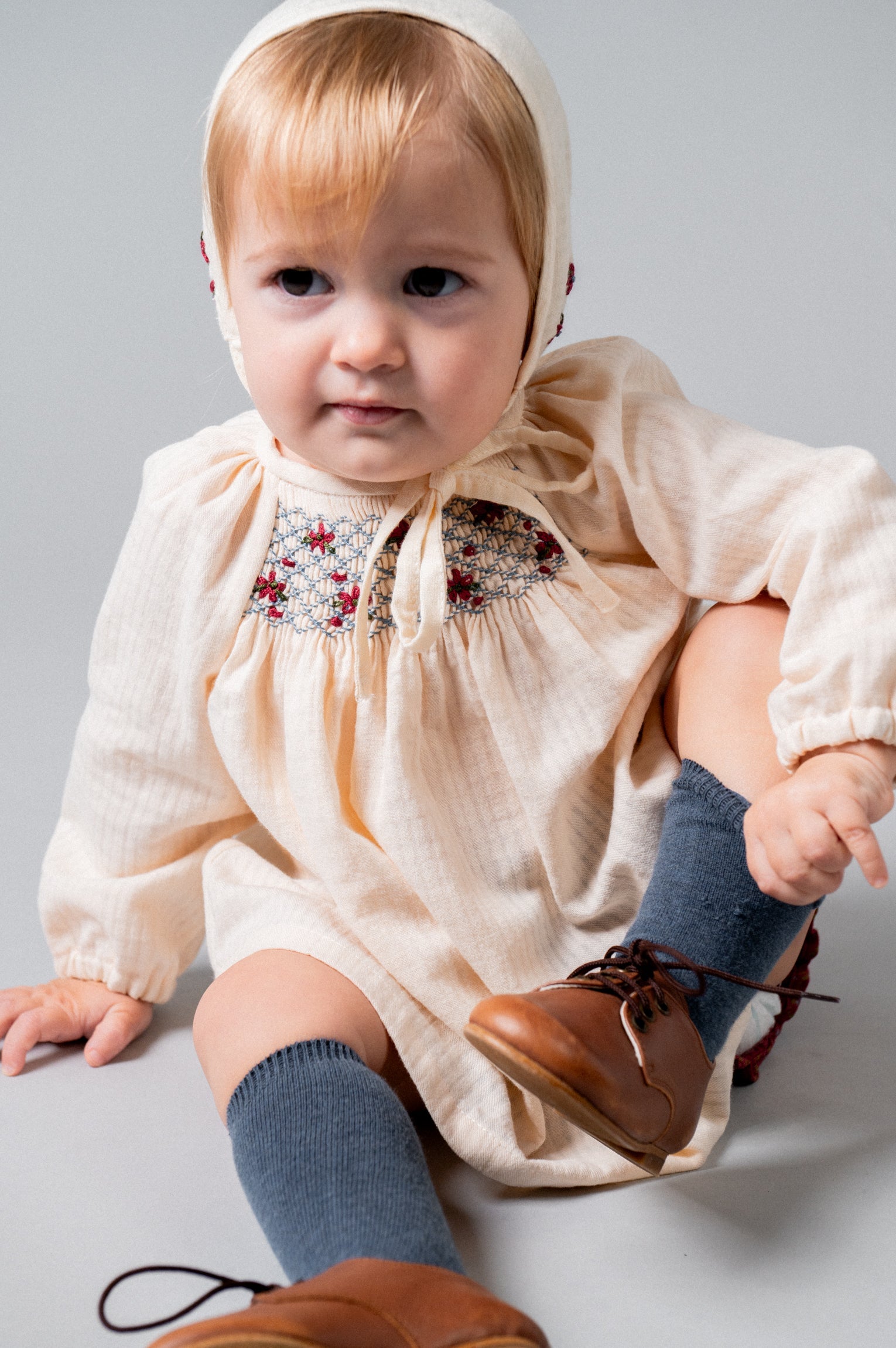 Ivory blouse and bloomer set with burgundy embroidery