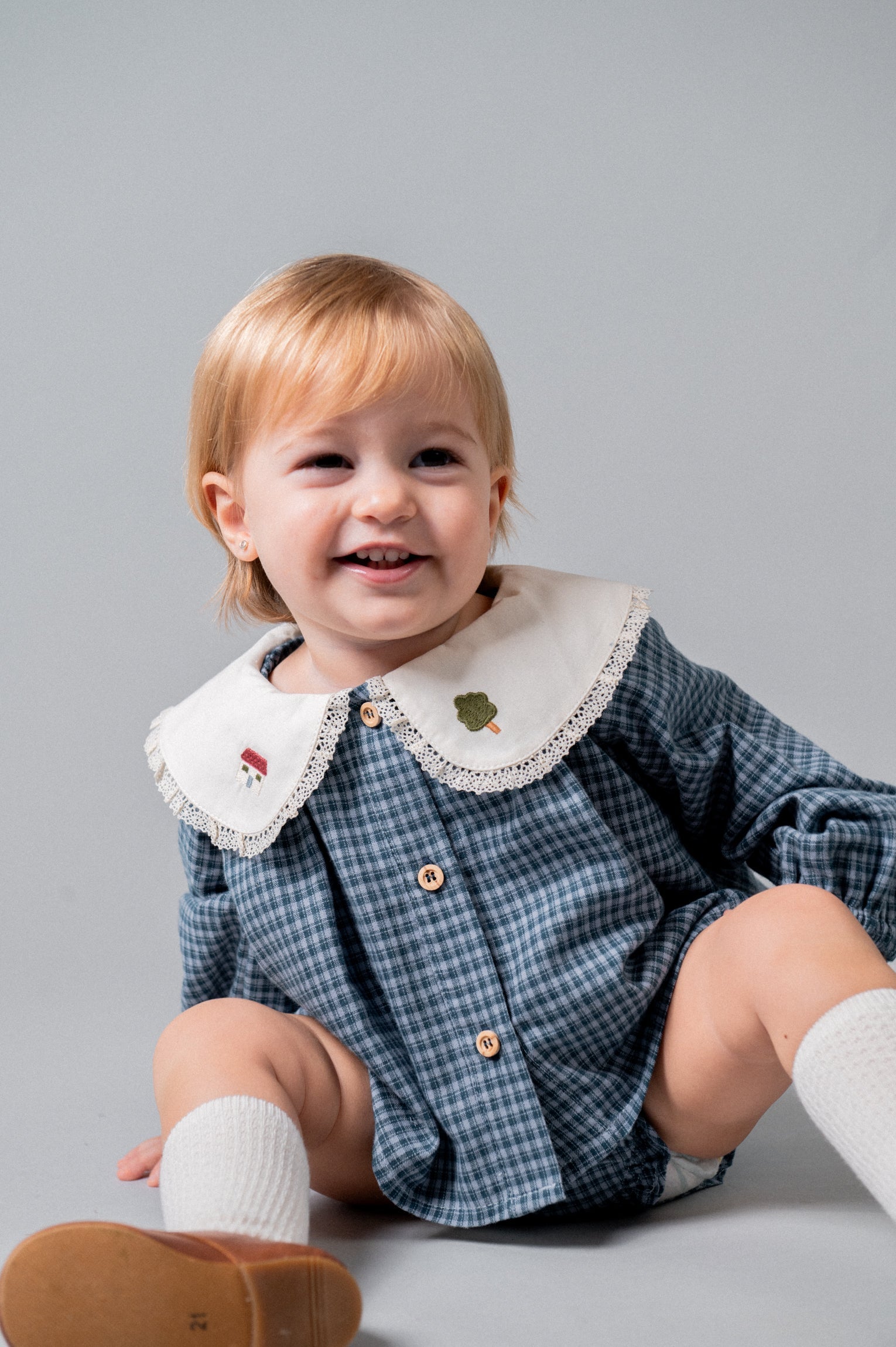 Indigo gingham blouse and bloomer set baby