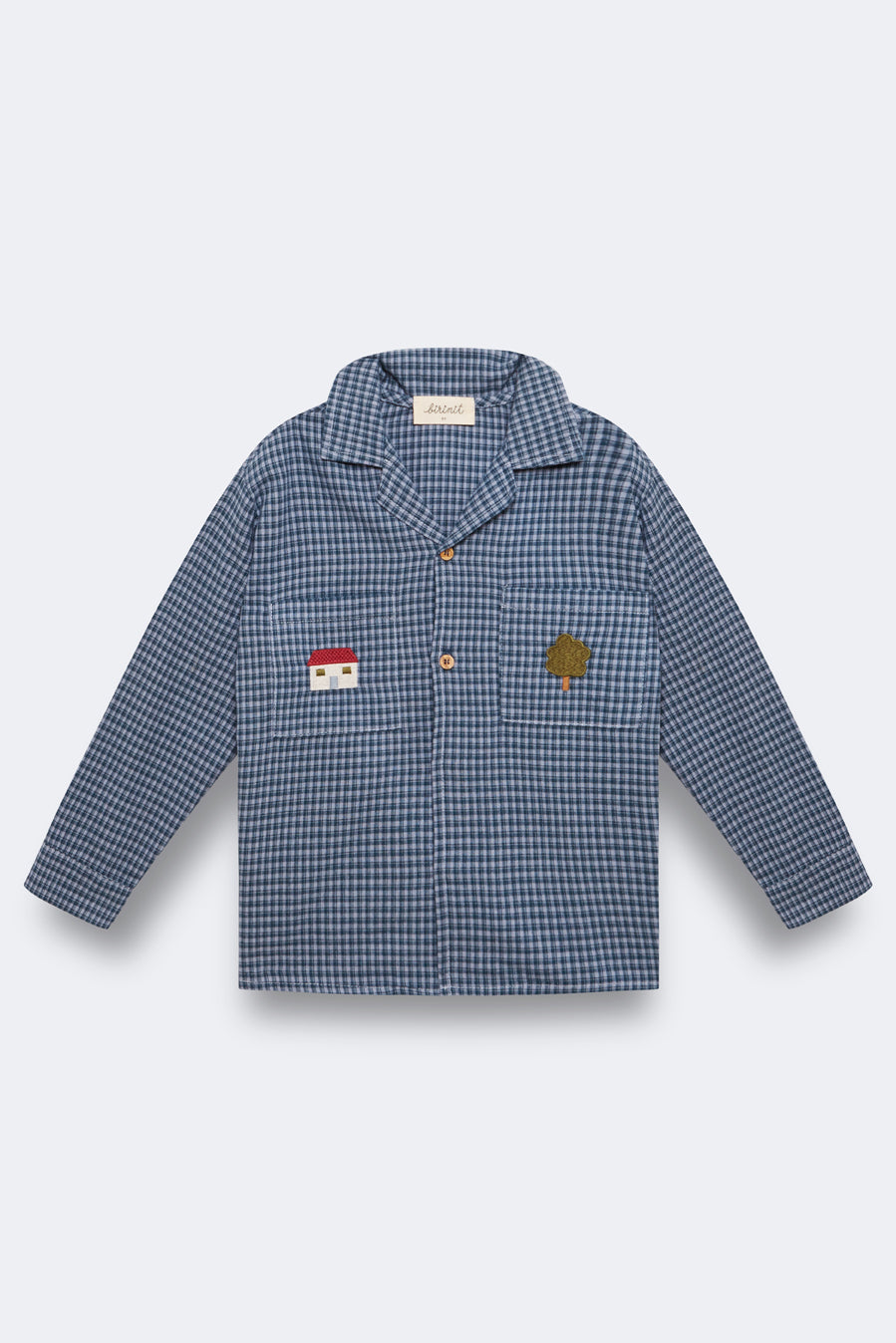Indigo gingham embroidered lapels shirt boy