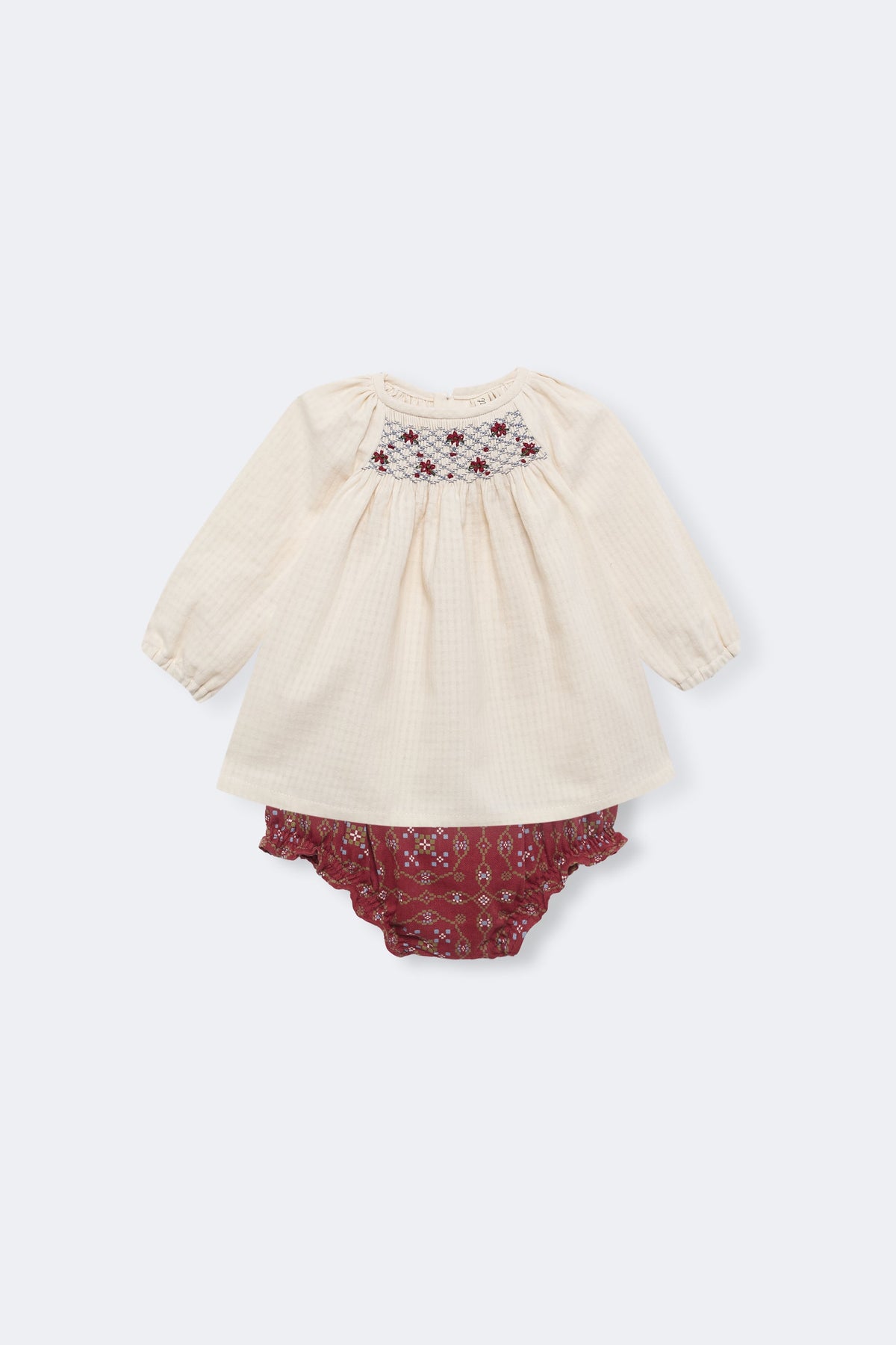 Ivory blouse and bloomer set with burgundy embroidery