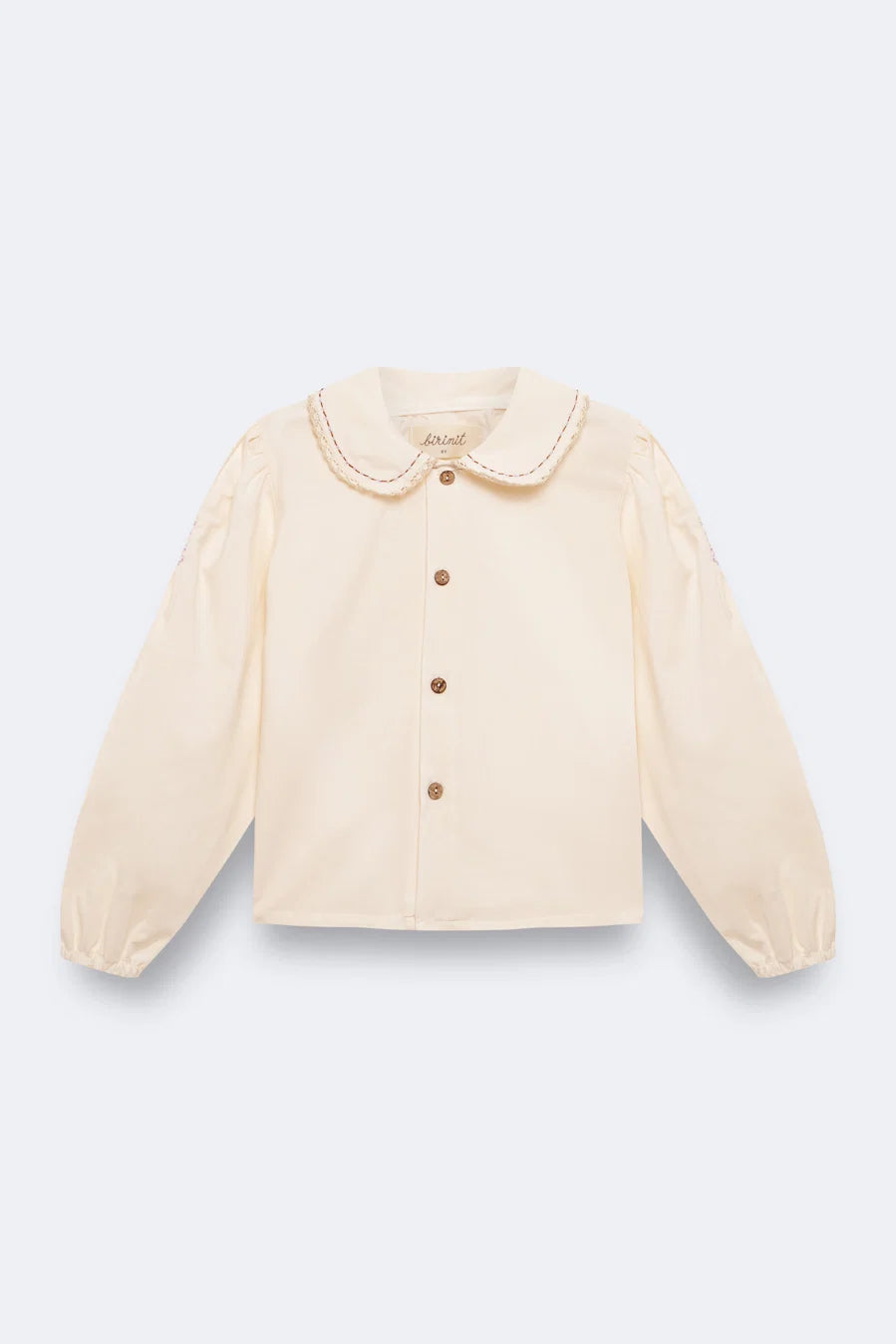 Ivory gauze embroidered with lilac embroidery smocked shirt