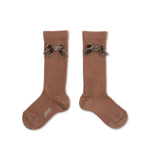Isaure - Pointelle Merino Knee-high Socks with Velvet Bow - Mocha Mousse