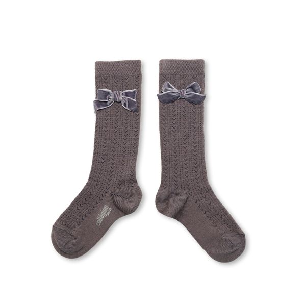 Isaure - Pointelle Merino Knee-high Socks with Velvet Bow - Glycine du Japon