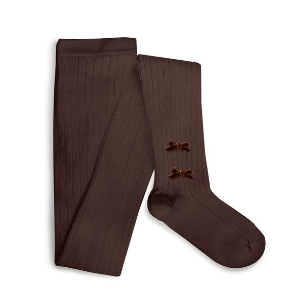 Capucine - Ribbed Tights with Velvet Bows - Chocolat au lait