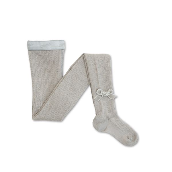 Quitterie - Pointelle Merino Wool Tights with Velvet Bow - Gris Perle