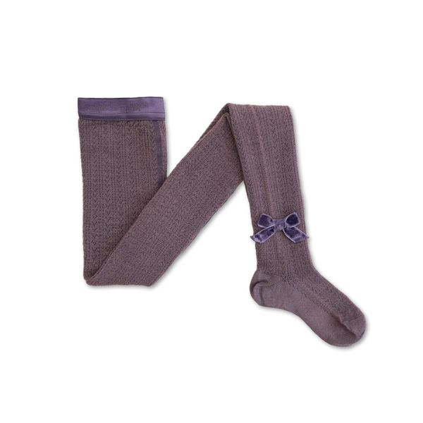 Quitterie - Pointelle Merino Wool Tights with Velvet Bow - Glycine du Japon
