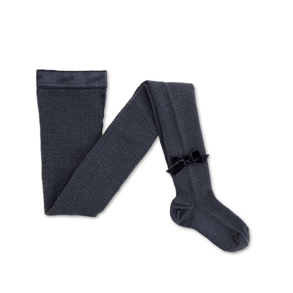 Quitterie - Pointelle Merino Wool Tights with Velvet Bow - Pierre de Volvic