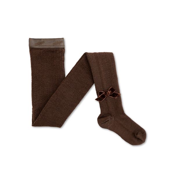 Quitterie - Pointelle Merino Wool Tights with Velvet Bow - Chocolat au lait