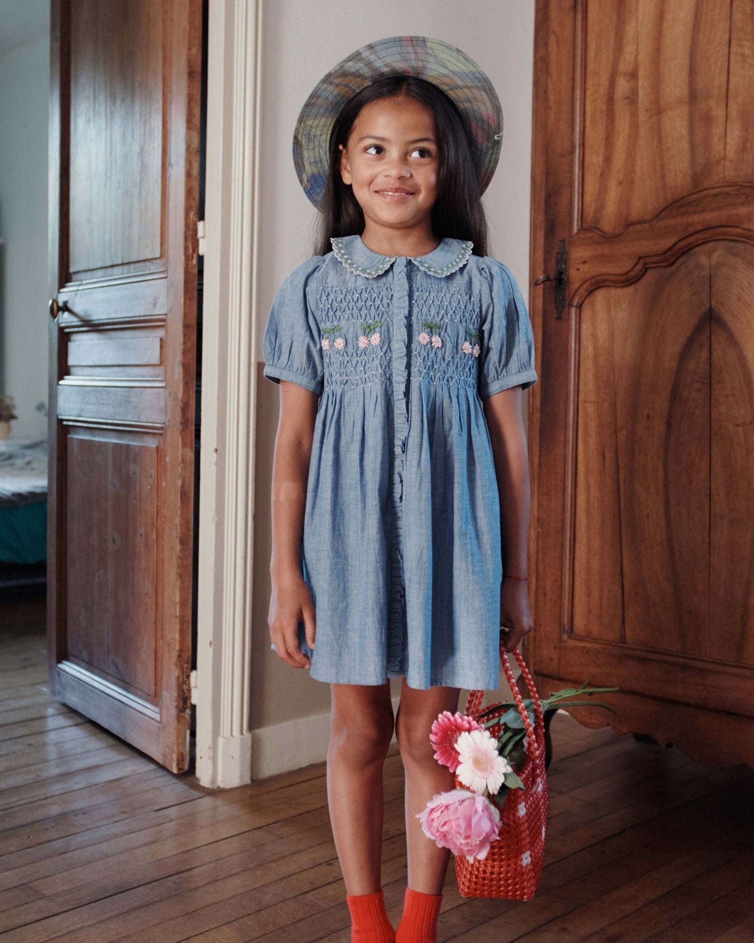 Dress Embroidered smocked chambray