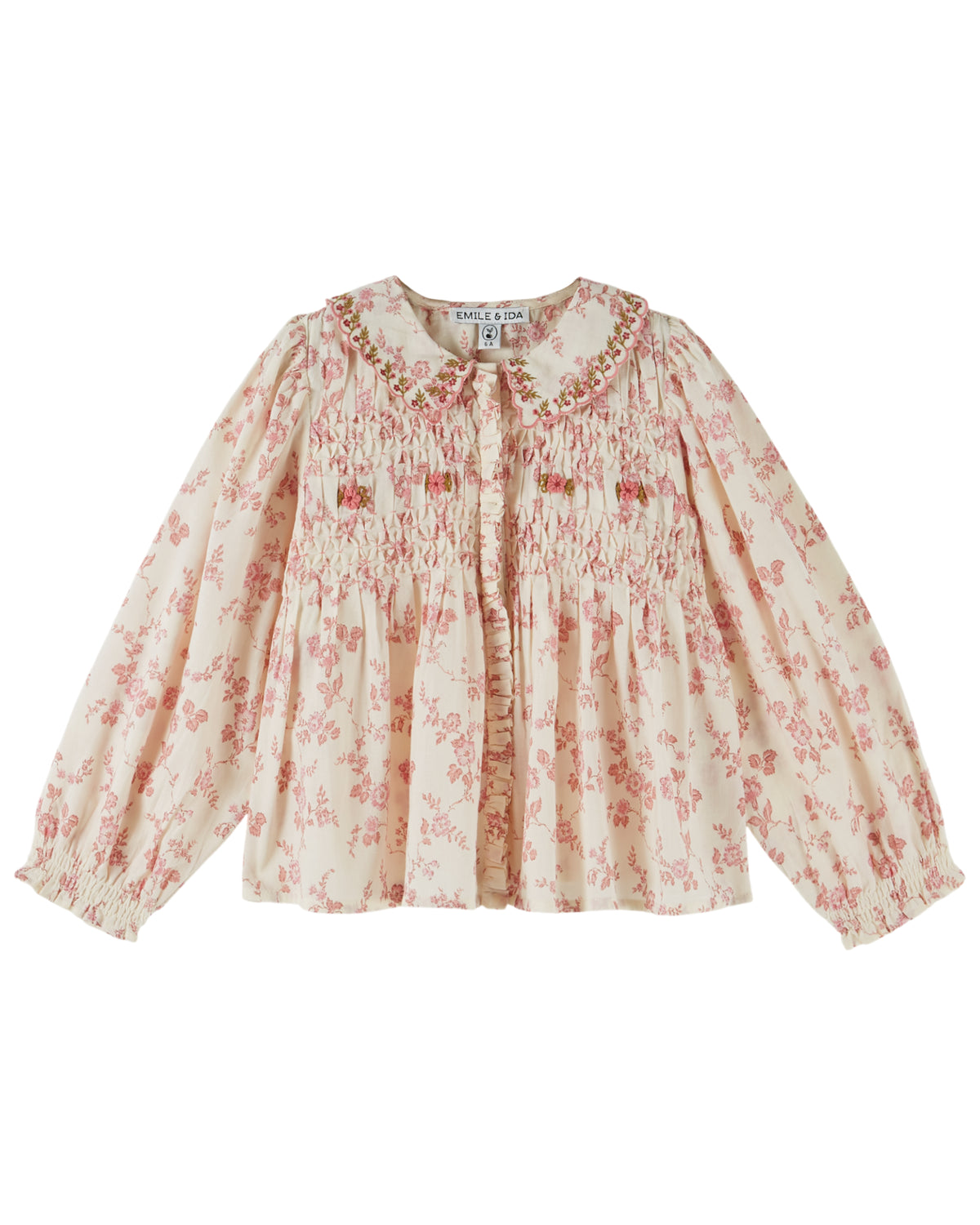 Blouse - Ecru and pink smocked