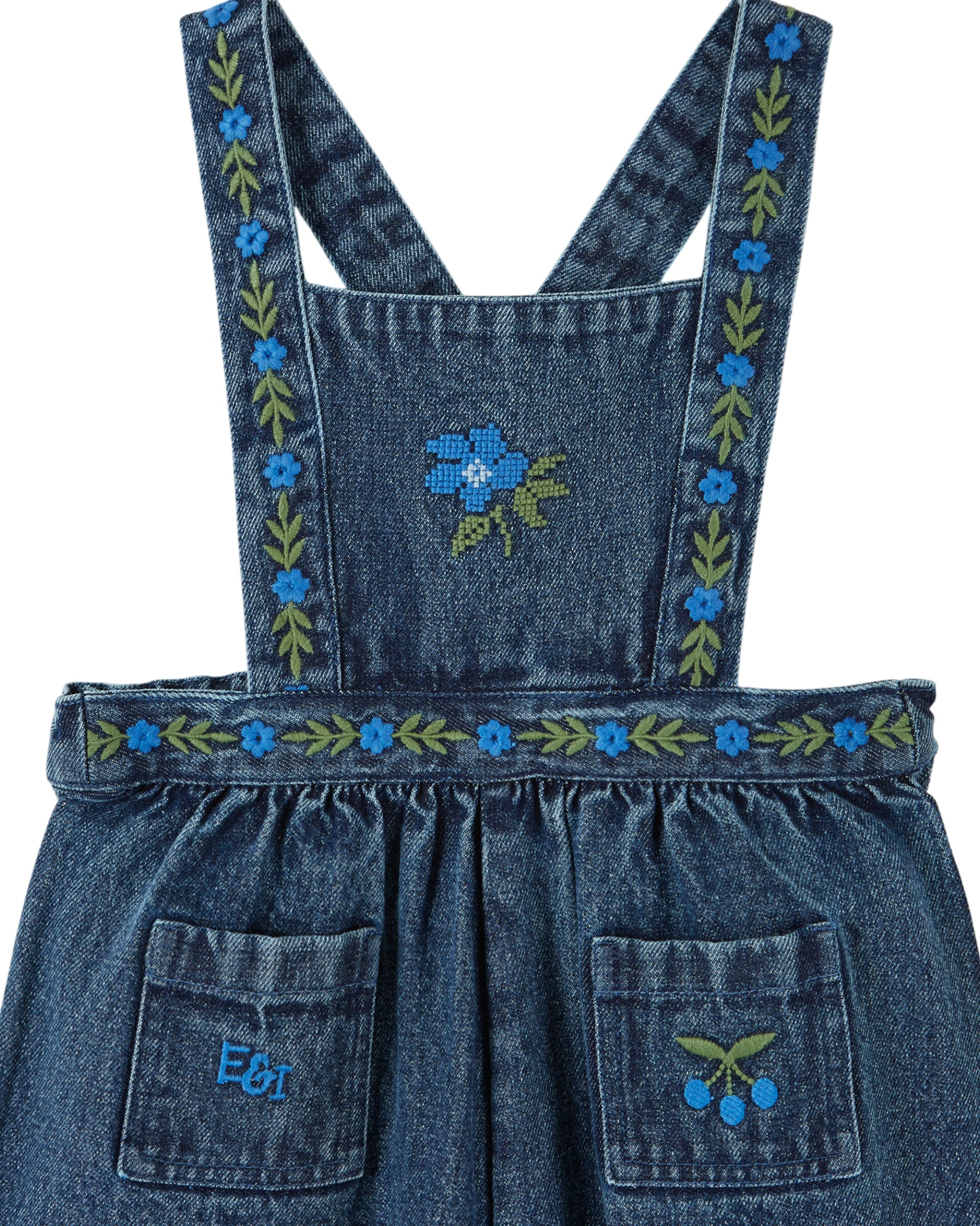 Overalls - Blue denim embroidered flowers