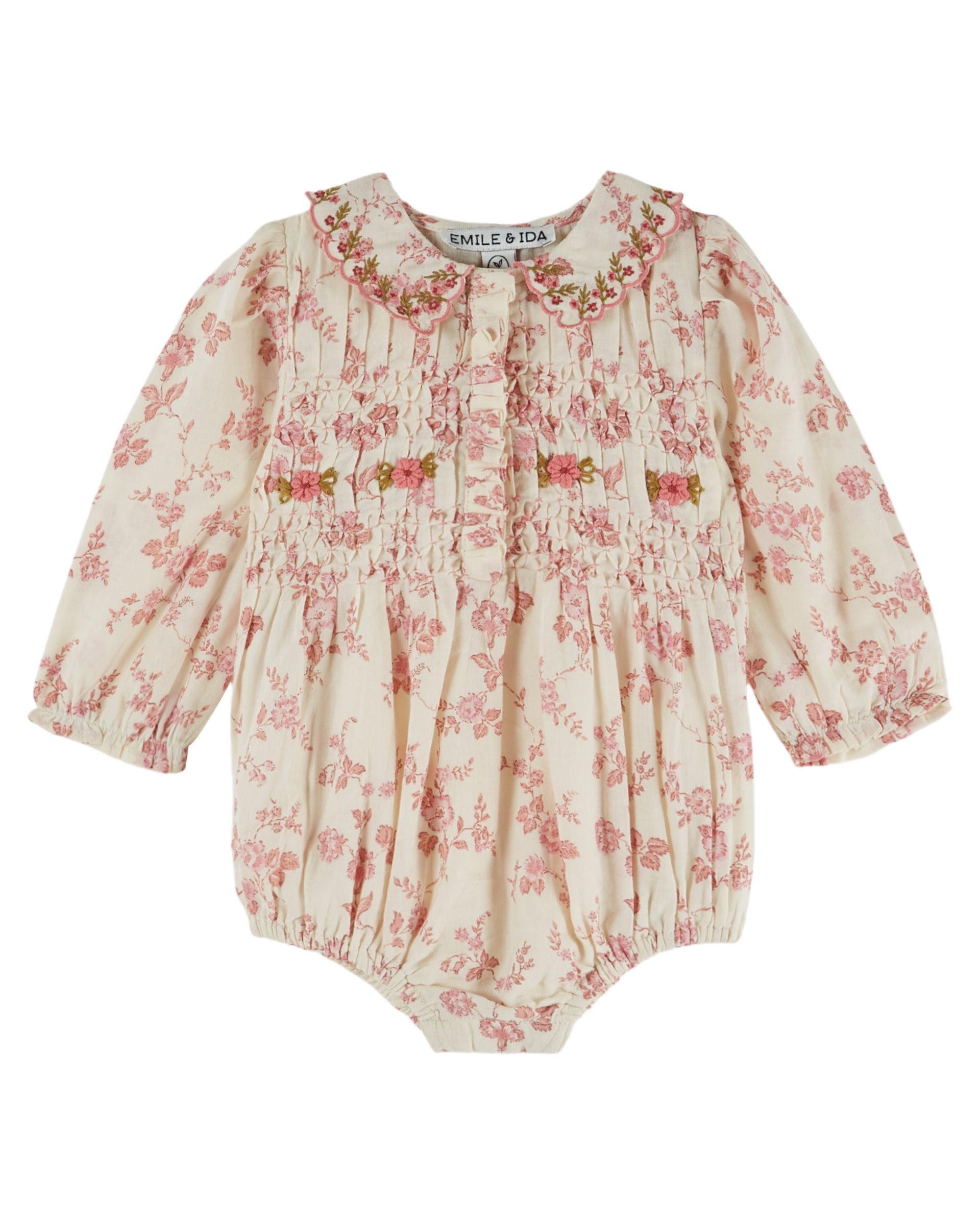 Romper - Ecru and pink floral smocked