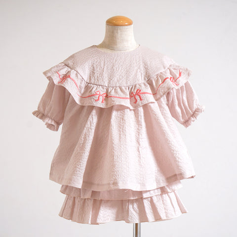 Ribbon Embroidery Frill Blouse – Pink