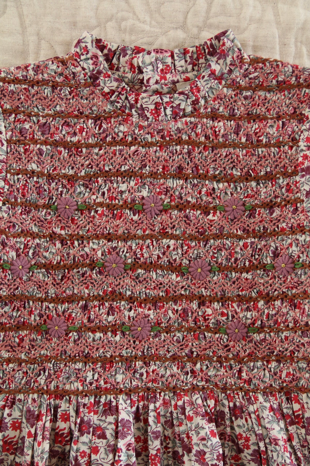 Handsmock Blouse With Crochet Collar Flowers Field Print