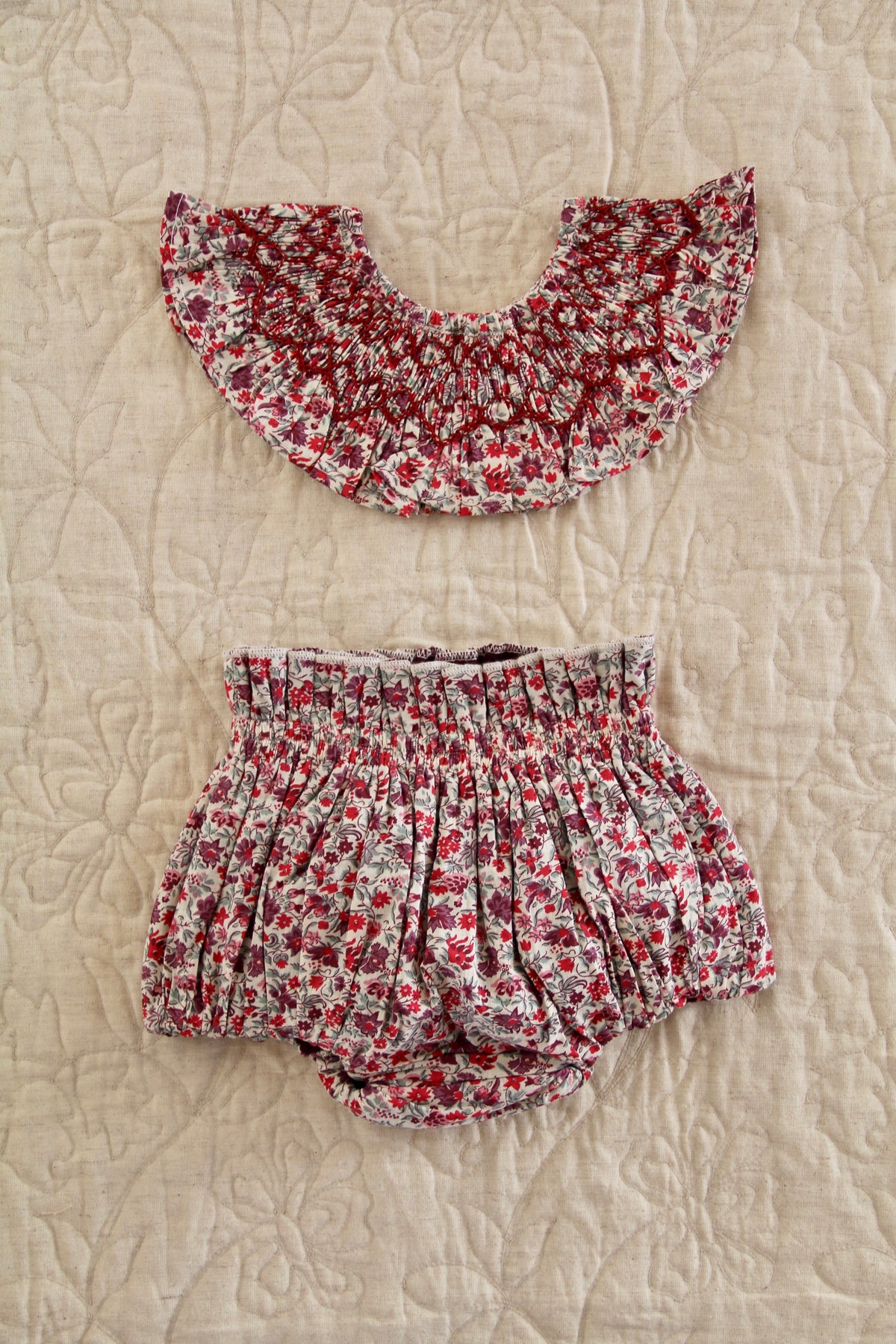 Reversible Baby Bloomer + Flounce Handsmock Collar Flowers Field Print