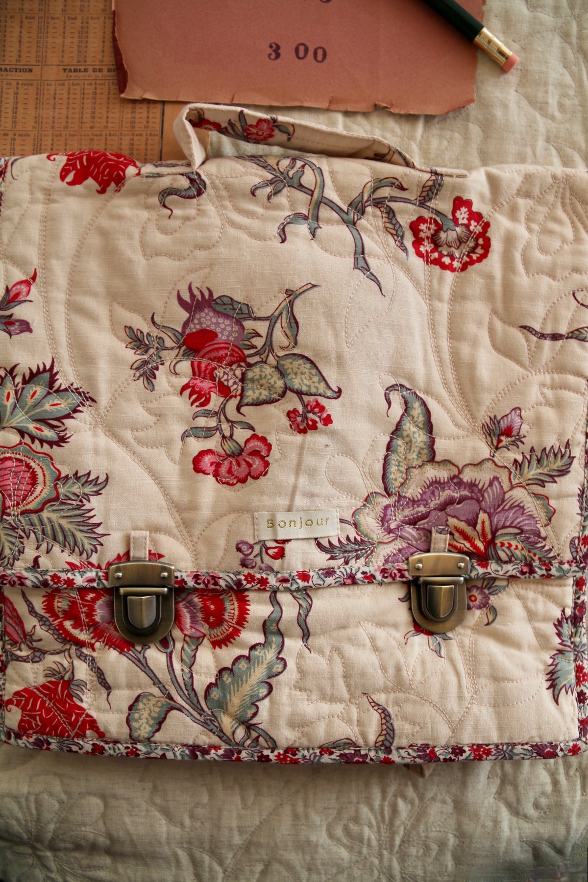 Quilted school bag Vence print - organic lt canvas