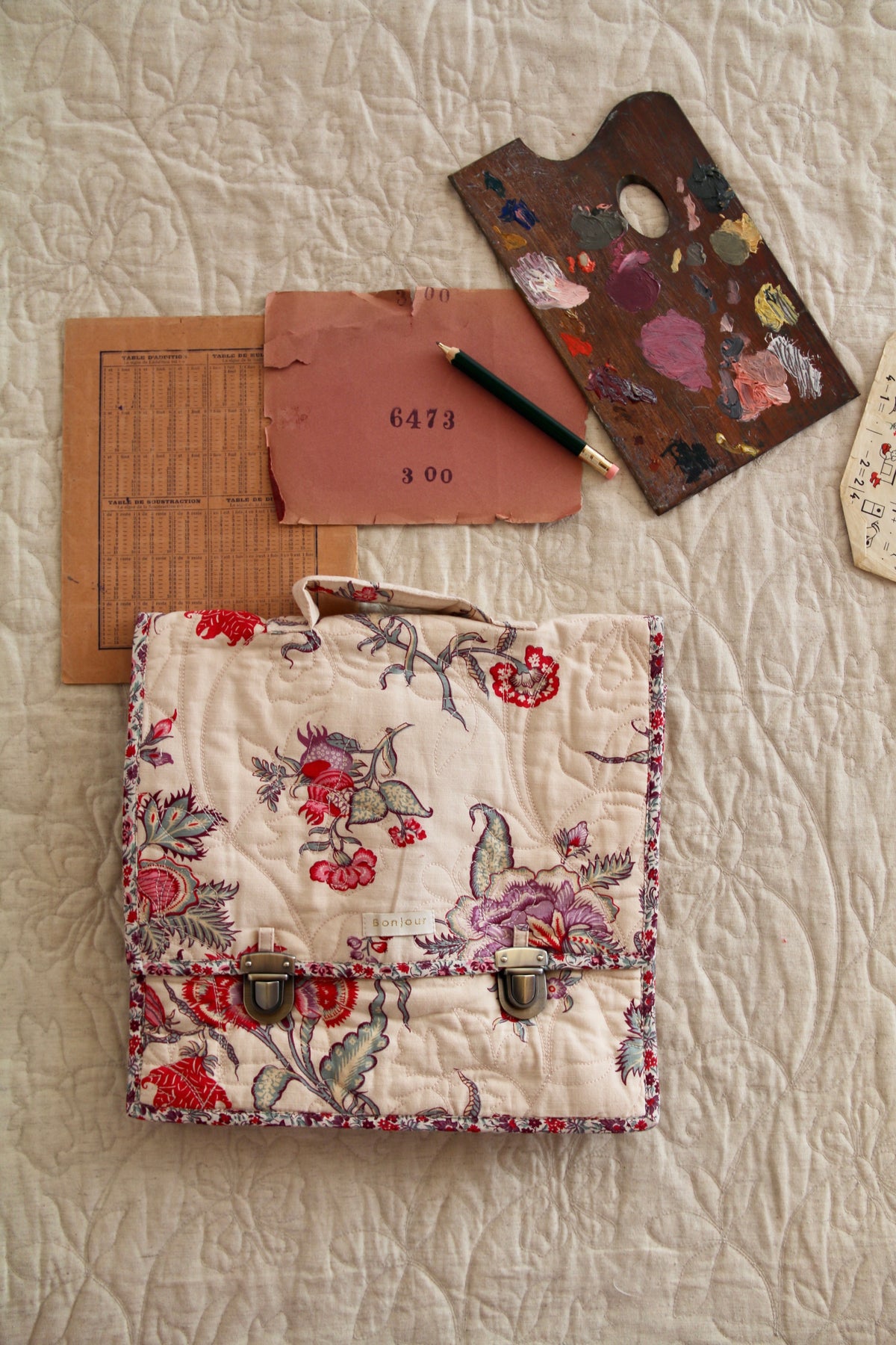 Quilted school bag Vence print - organic lt canvas