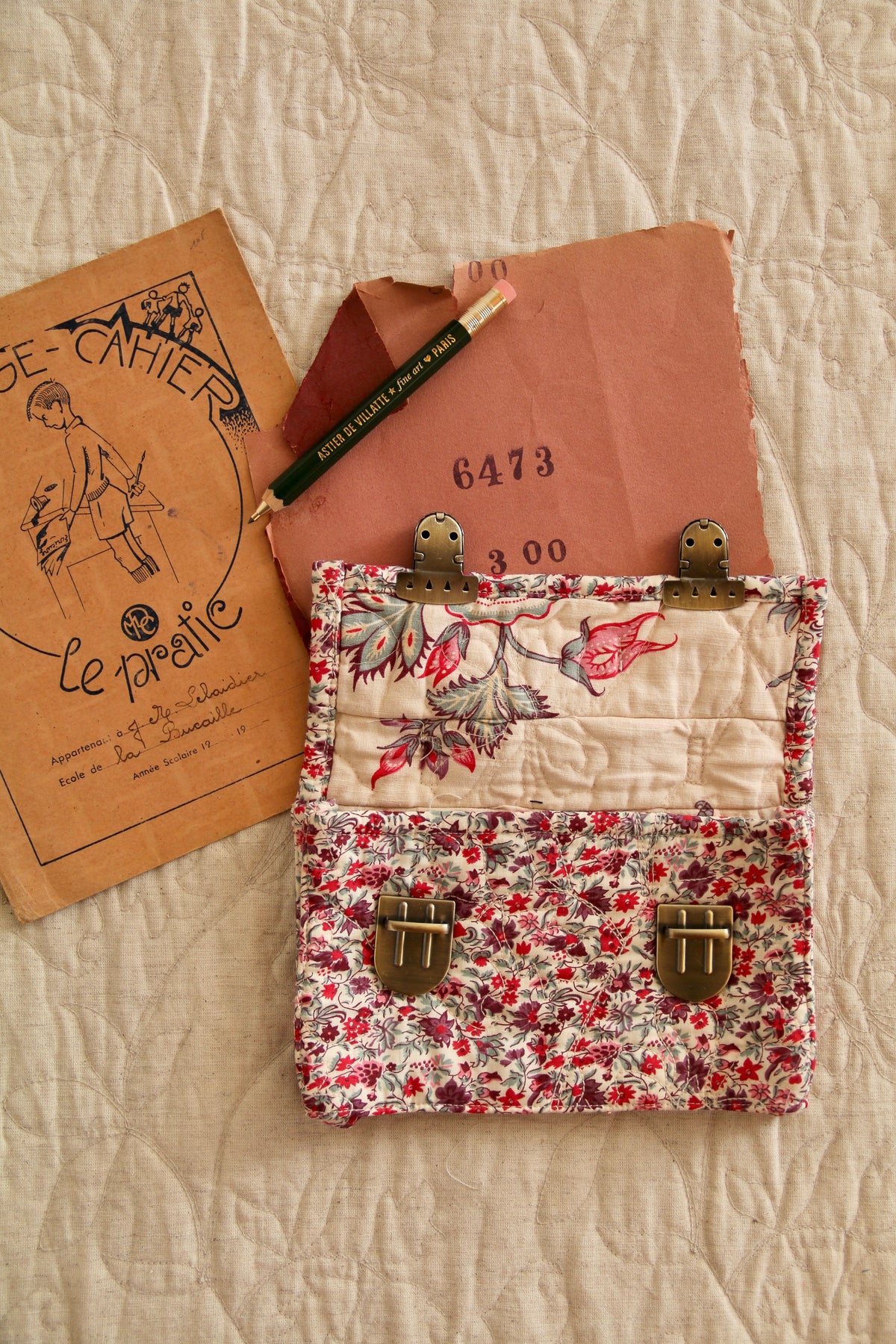 Quilted school pencil case Flowers field print