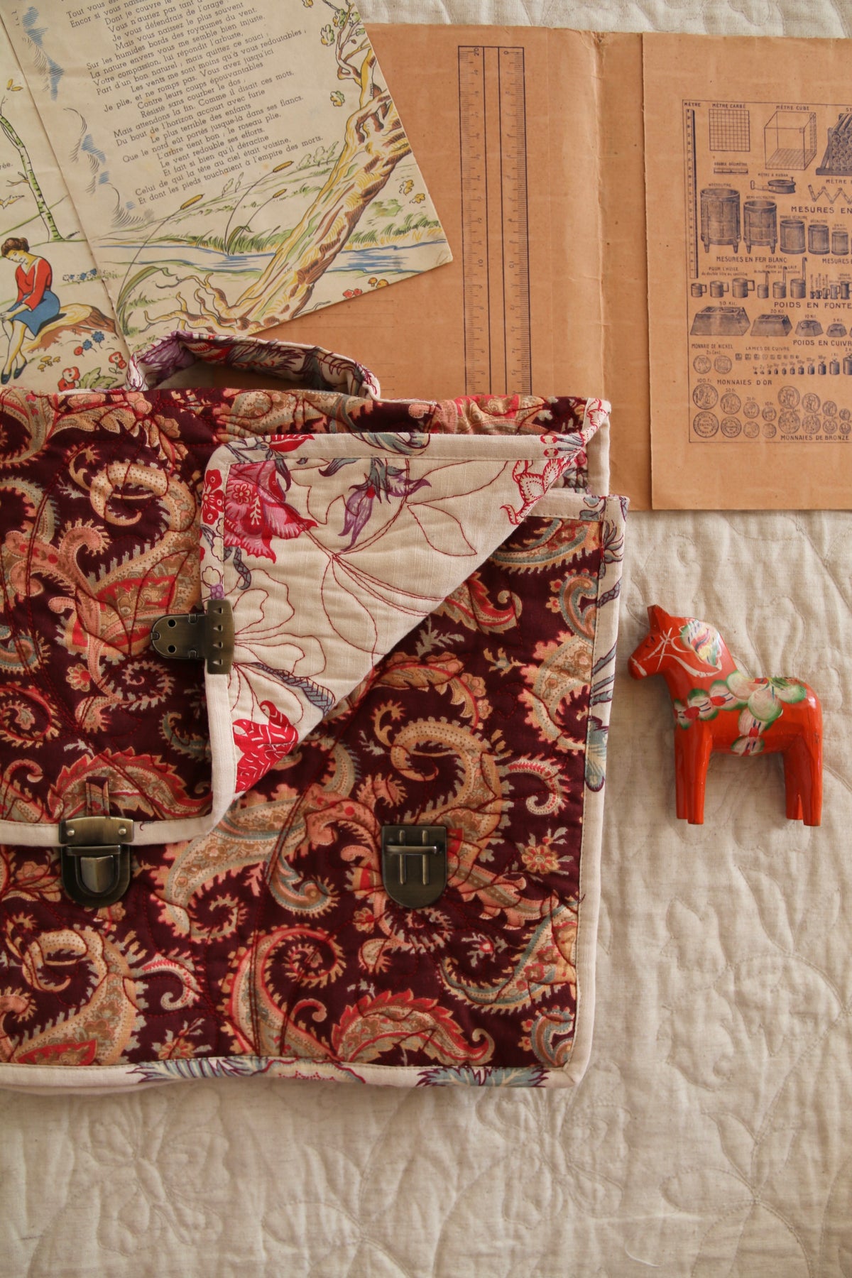 School bag Burgundy cashmere print - organic slub