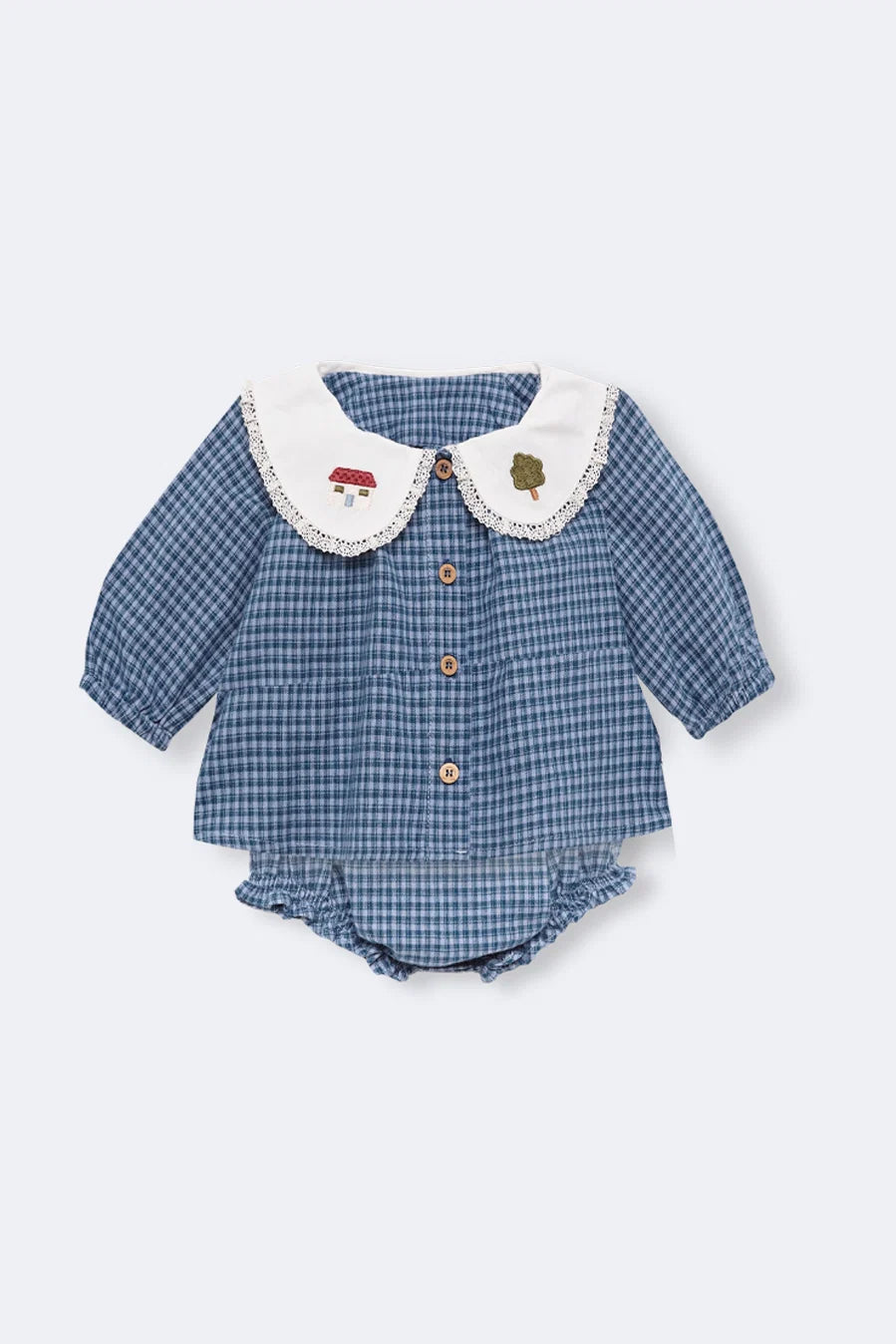 Indigo gingham blouse and bloomer set baby