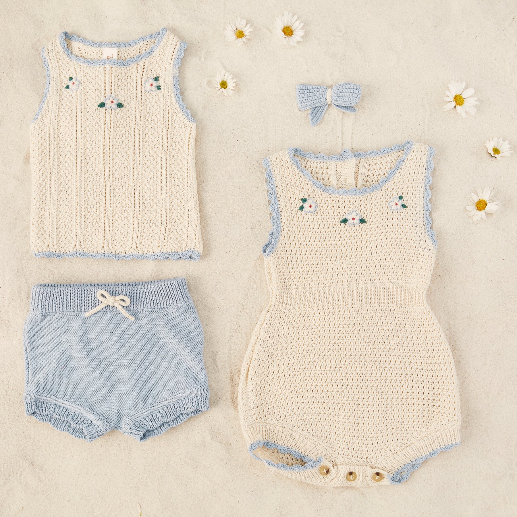 Knitted Avery top Natural & ice blue - Pima Cotton