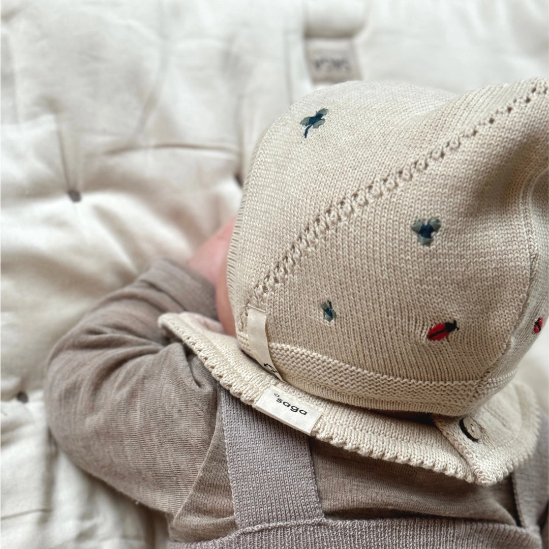 Saga Copenhagen Embroidery Knitted Bonnet - Flora on Cream image 1