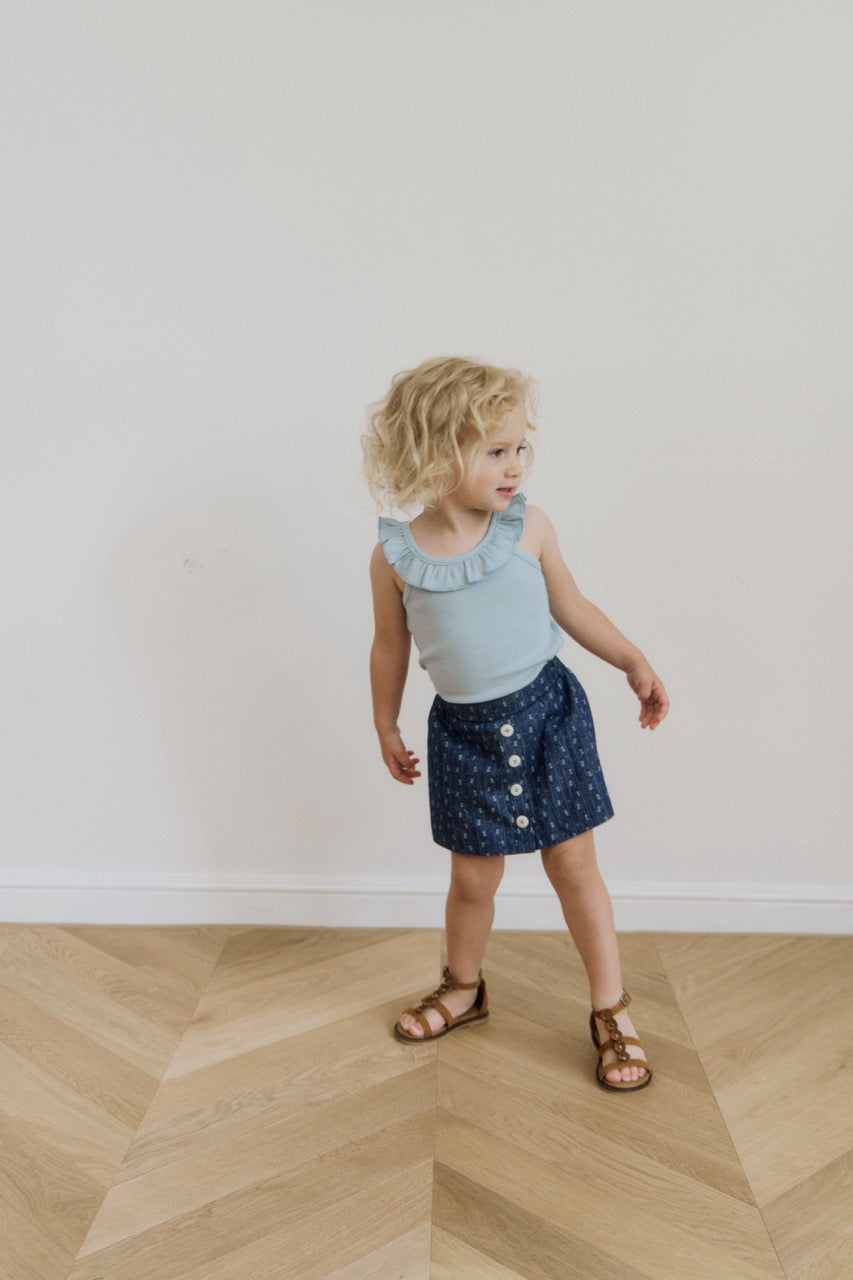 ruffled sleeveless blue