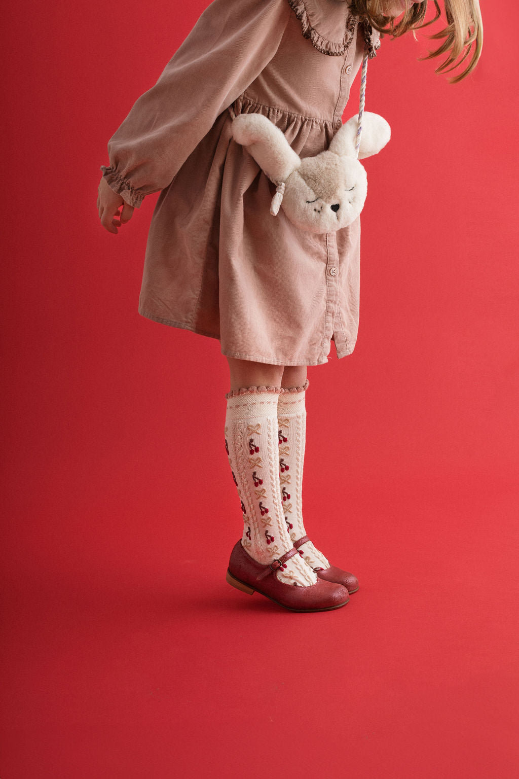 Cerise - Jacquard Cherries and Bows Knee-high Socks - Biscuit