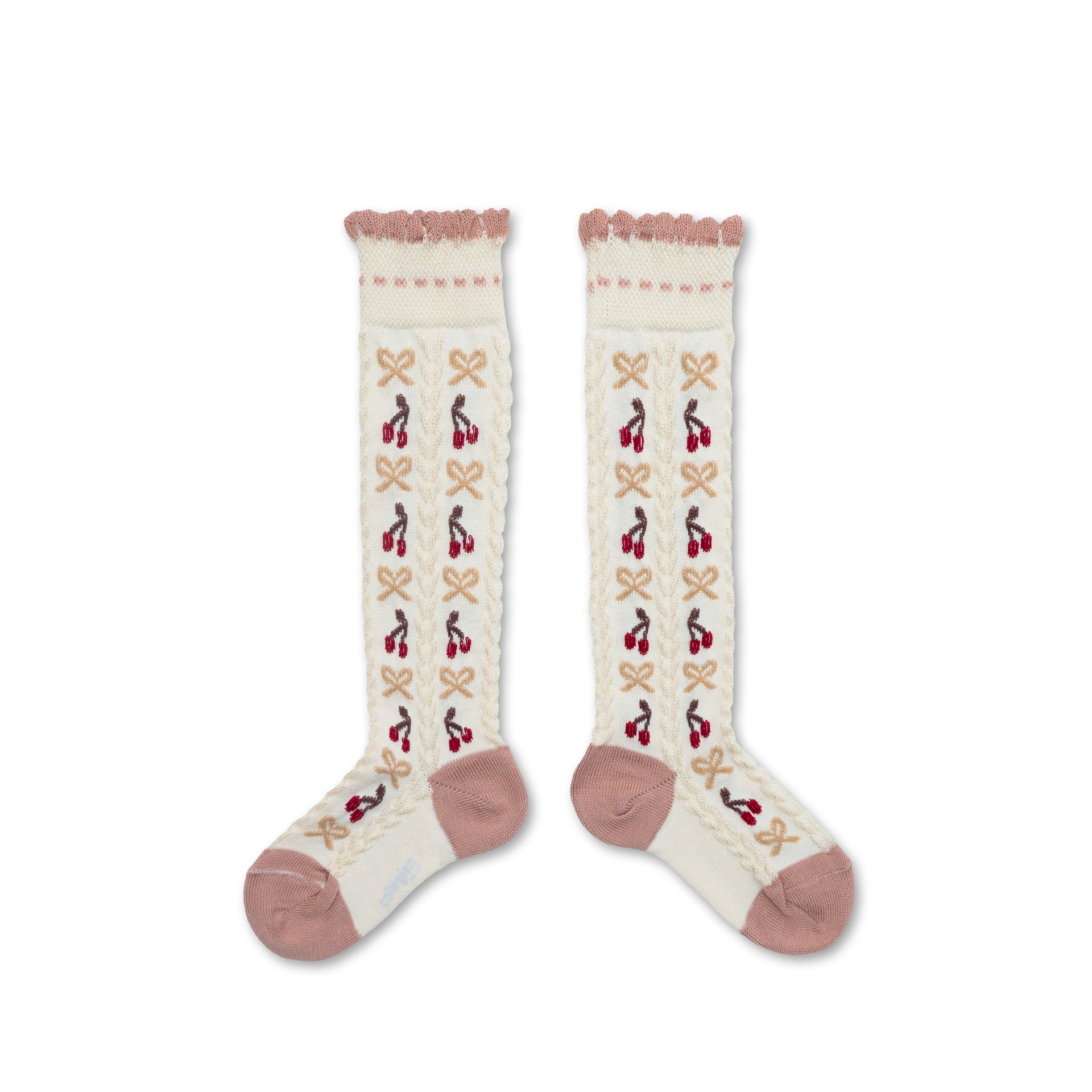 Cerise - Jacquard Cherries and Bows Knee-high Socks - Doux Agneaux