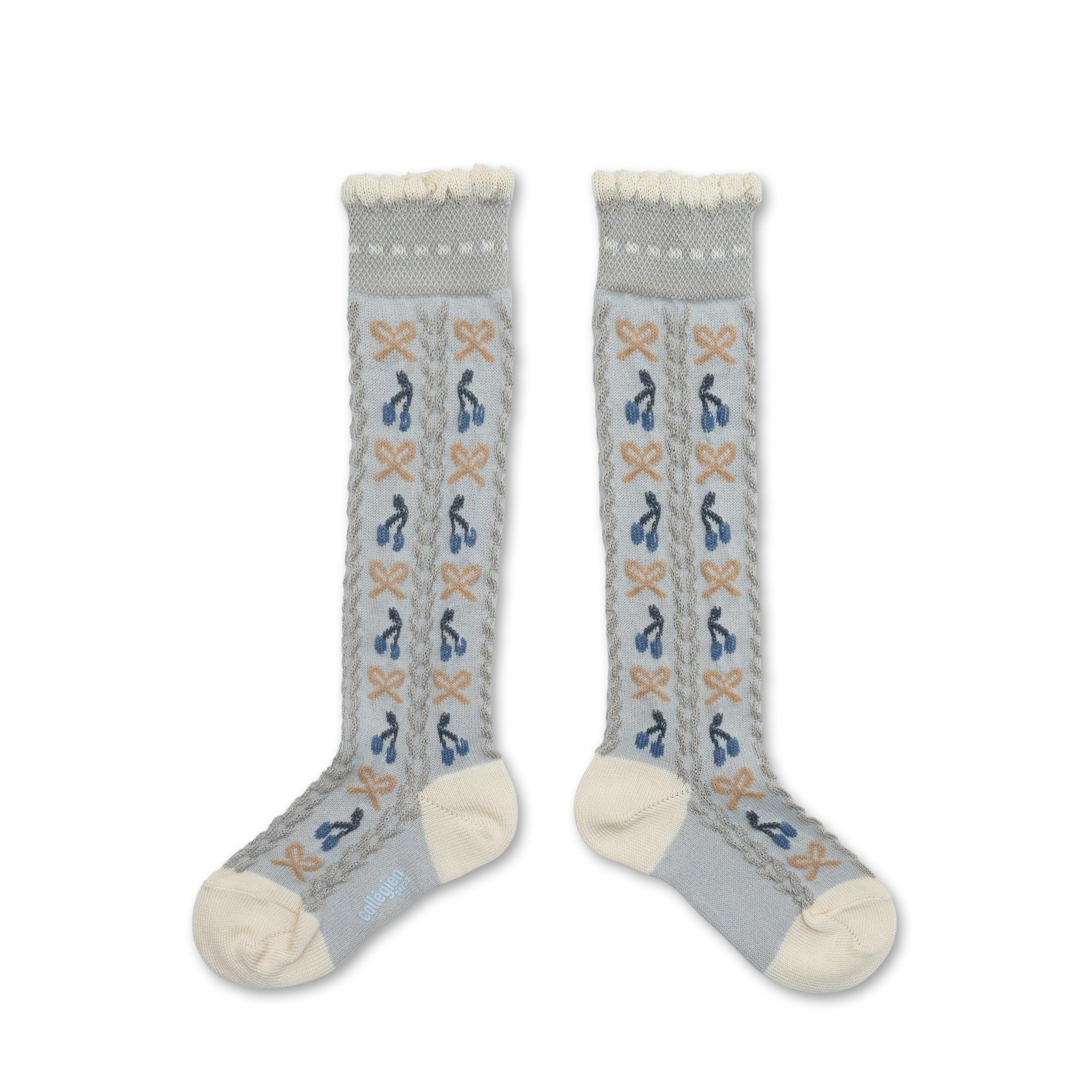 Cerise - Jacquard Cherries and Bows Knee-high Socks - Gris Perle