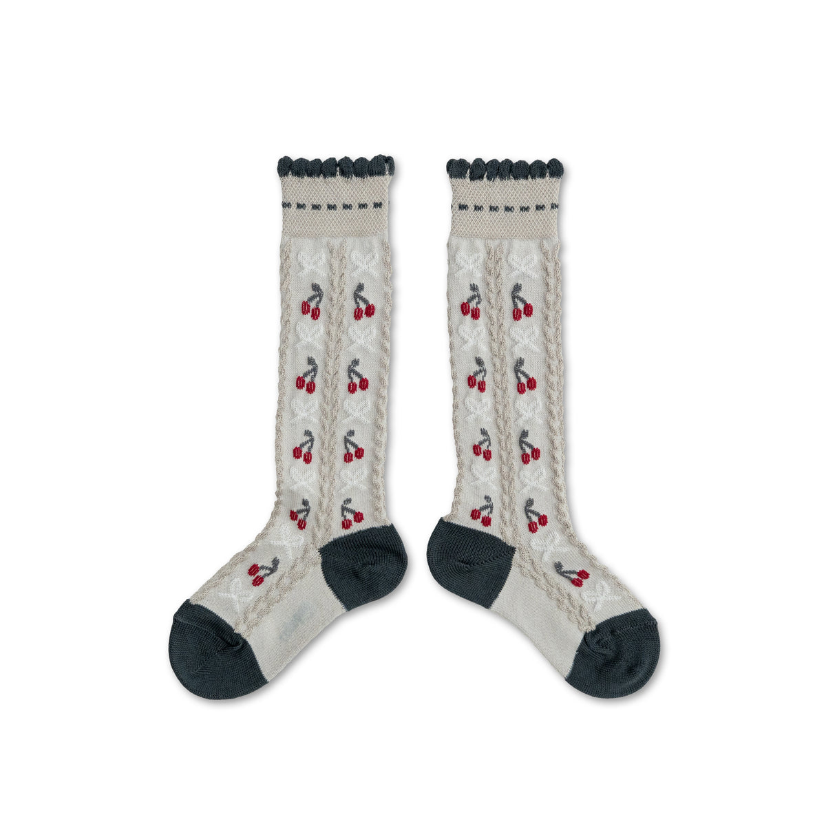 Cerise - Jacquard Cherries and Bows Knee-high Socks - Gris Passion