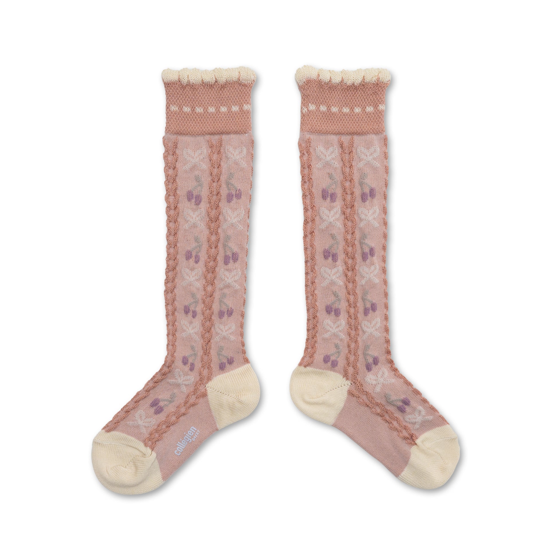 Cerise - Jacquard Cherries and Bows Knee-high Socks - Vieux Rose