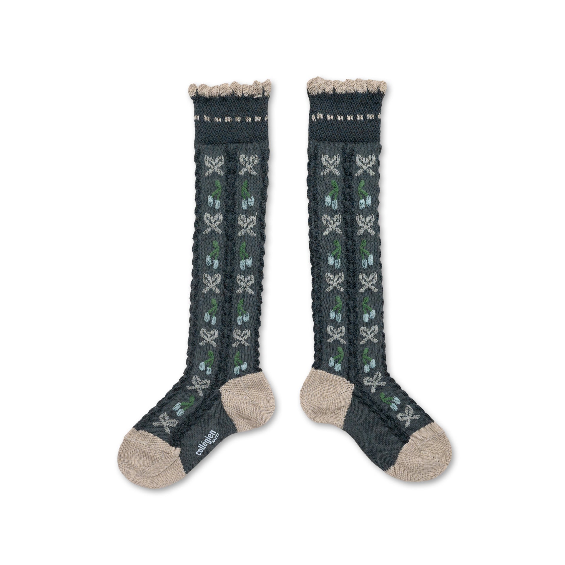 Cerise - Jacquard Cherries and Bows Knee-high Socks - Pierre de Volvic